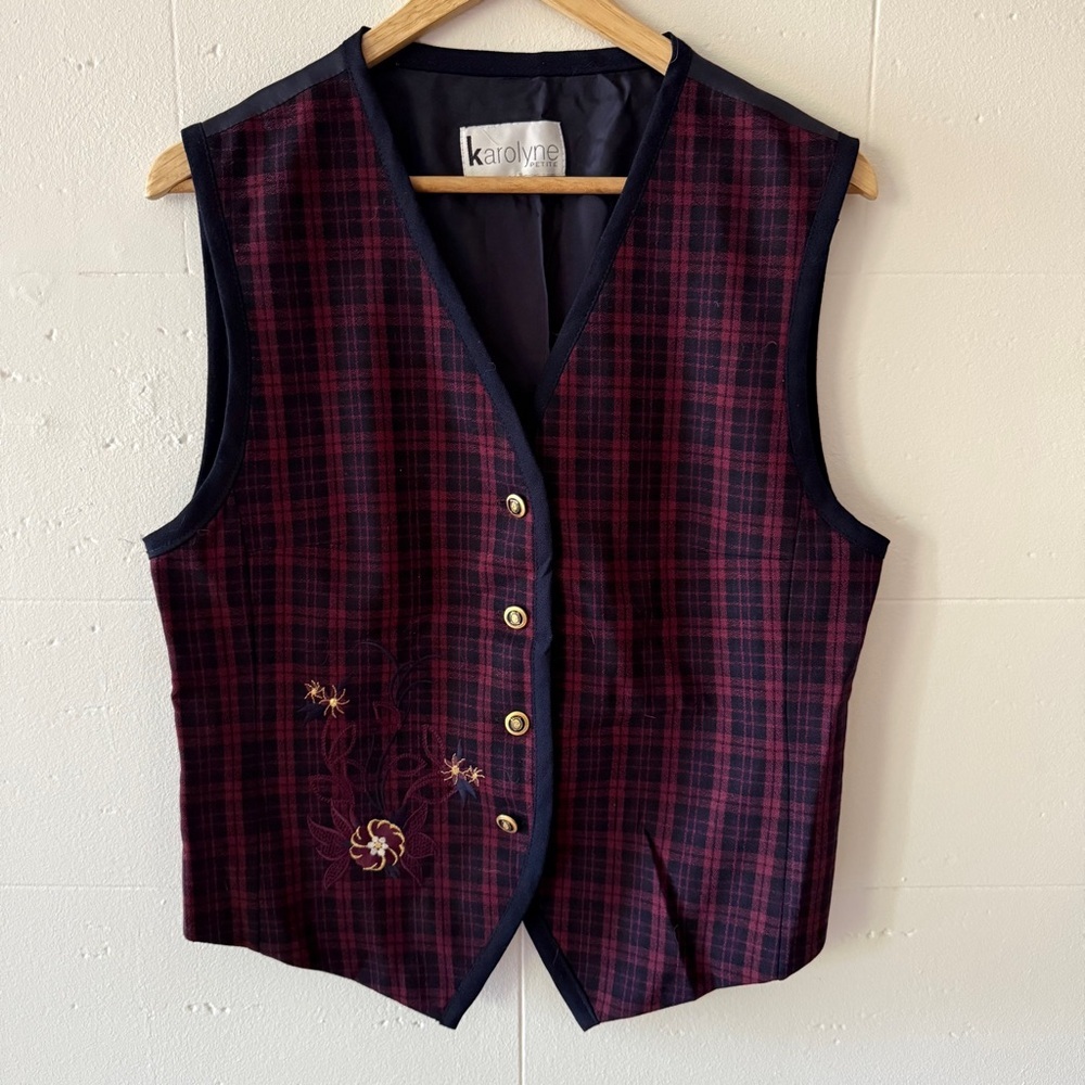 Vintage |  Navy Embroidered Plaid Wool Vest | Dark Academia | Size Medium